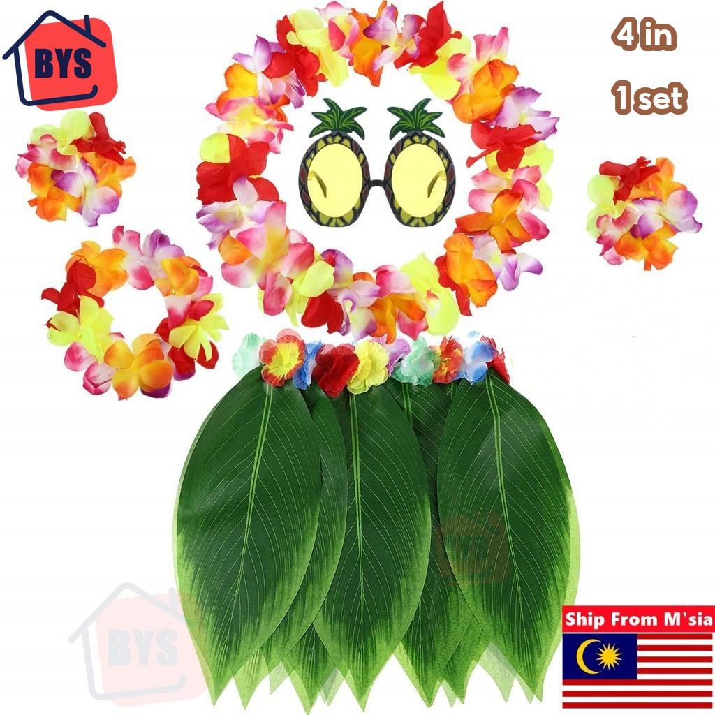 BYS Hawaiian Leis Flower Garland Hula Leaf Skirt Pineapple Sunglasses Jumbo Necklace Bracelets Headband Beach Party