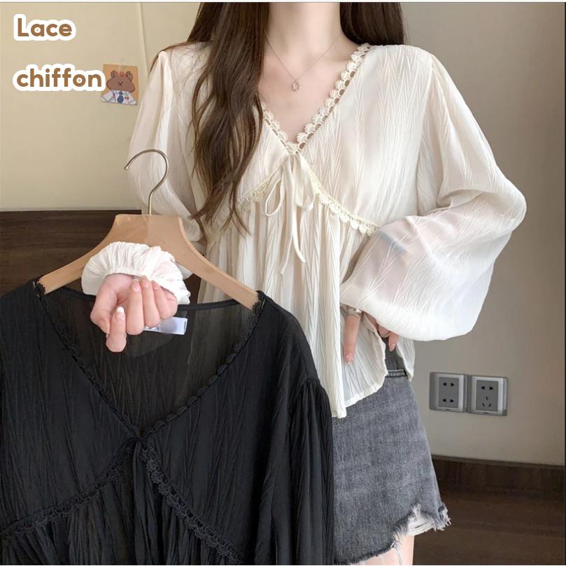 Korean Style Elegant Sweet Girl Looks Elegant Women's Lace Chiffon Shirt Long Sleeve V Neck Lace Long Sleeve Shirt