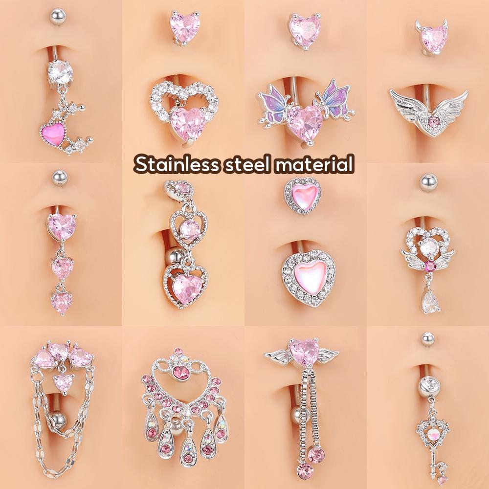 1 PC Pink Heart Crystal Belly Button Ring Stainless Steel Butterfly Navel Piercing Reverse Curved Belly Navel Rings 14G