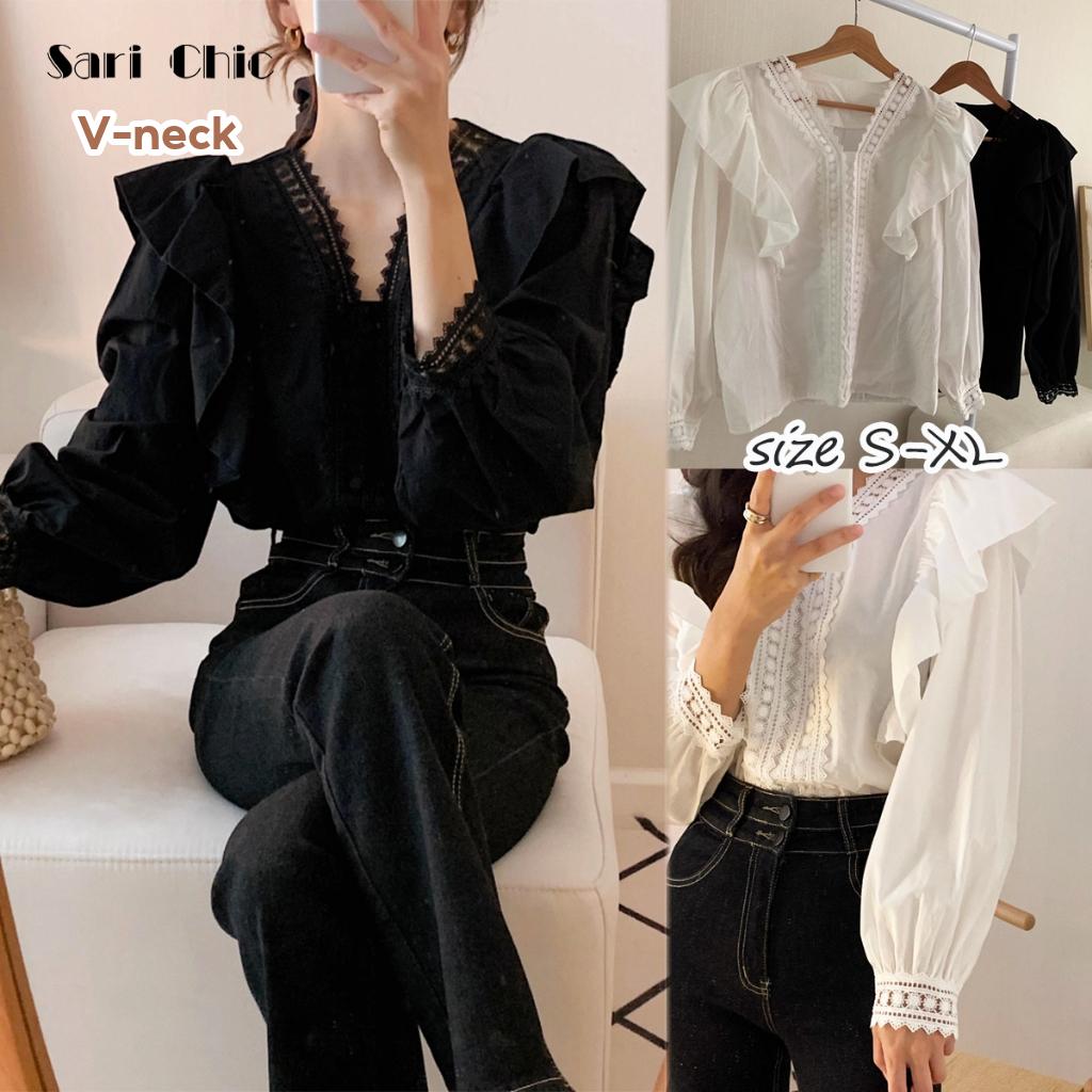 Korean Chic French Style Lace Lace V-neck Patchwork with Ruffle Edge Loose Casual Bubble Sleeve Shirt W608