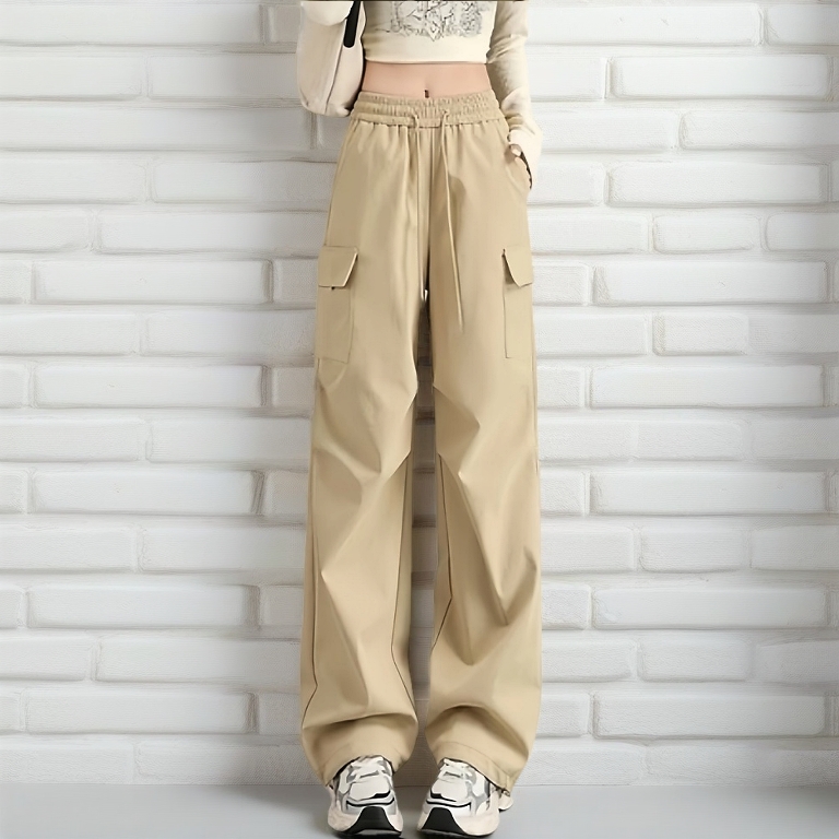 BlackVersatile style Seluar Cargo Perempuan Loose Women Cargo Pants Straight Cut Seluar Seluar Perempuan Casual Khaki 7J