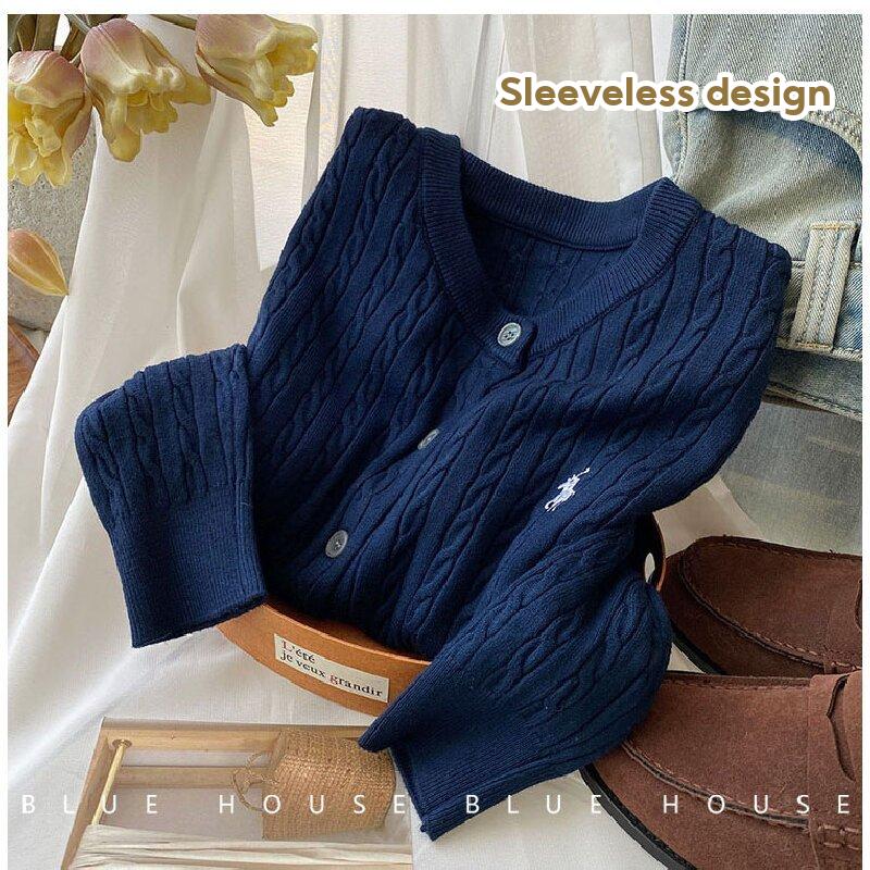 Women Ladies Retro Round Neck Sleeveless Sweater Embroidered Twist Knit Cardigan