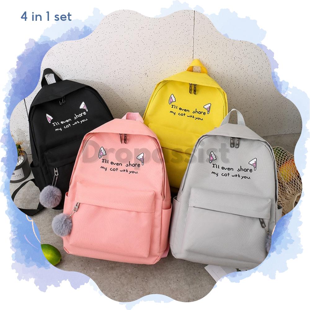 DROPASSIST READY STOCK 4 IN 1 Backpack Set Canvas School Student Bag Sekolah Women Handbag Tote Beg Pen Case Set 1217