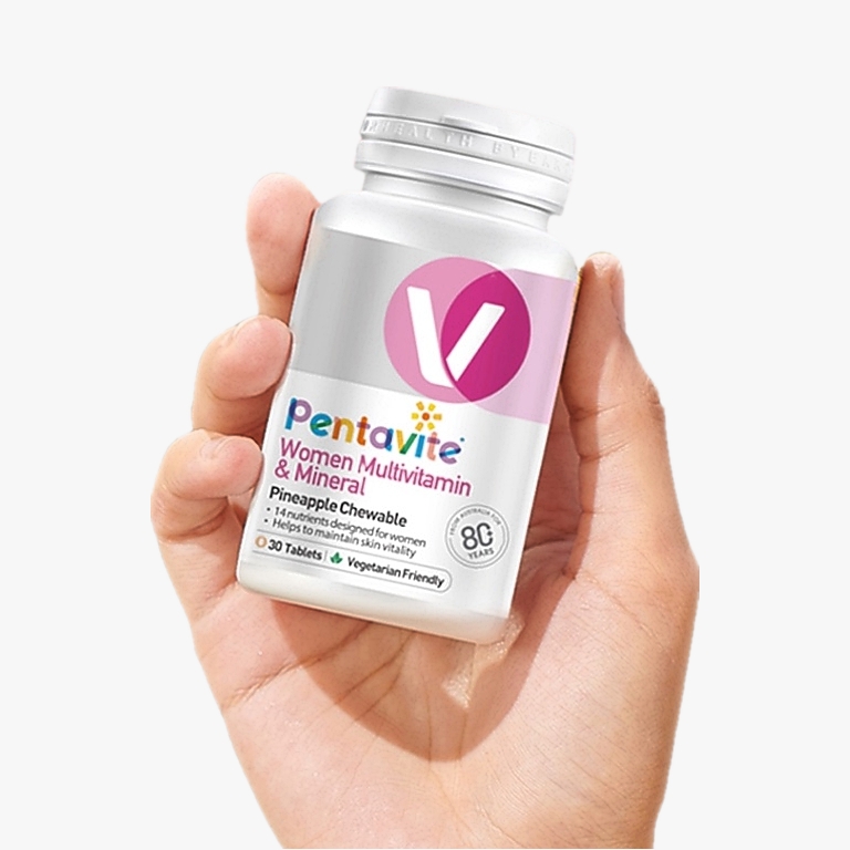[1 bottle] Pentavite Women Multivitamin & Minerals (Pineapple) 30 tablets Chewable 女士多种维生素矿物质营养片（菠萝味）// Vitamin A, C & E (Healthy Skin), Iron, Folic Acid (Menstrual Health), Magnesium & Vitamin D