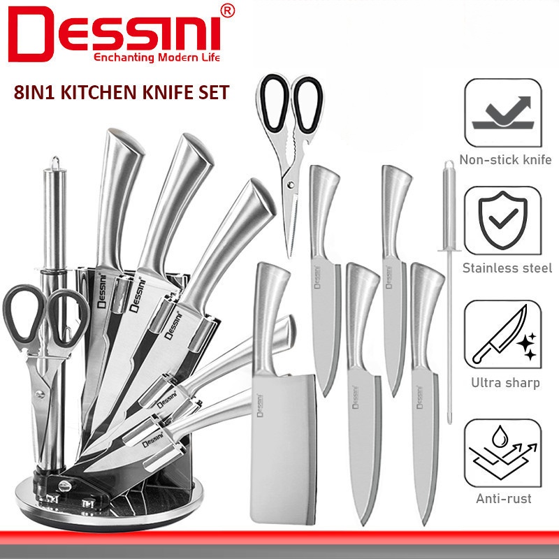 DESSINI ITALY 8 IN 1 Stainless Steel Knife Cleaver Scissor Peeler Cutting Storage Holder Cutlery Organizer Pisau Gunting