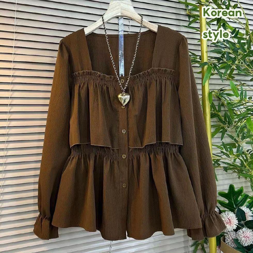 ?GHIIO? [ready stock in Malaysia] Ladies Loose Women Shirt Baggy Plus Size Square Neck Ruffle Long Sleeve Shirt Blouse Baju Women Clothing 2025 New Korean Style Fashion Square Neck Elegant Long Sleeve