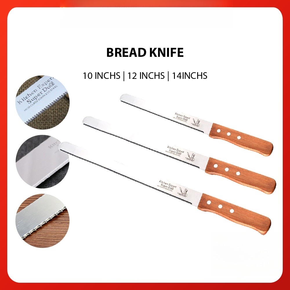 (Malaysia Ready Stock) Stainless Steel Blade l Bread Knife | Wood Handle l Knife Holder Wood | Teeth Plain 10 12 14 Inch