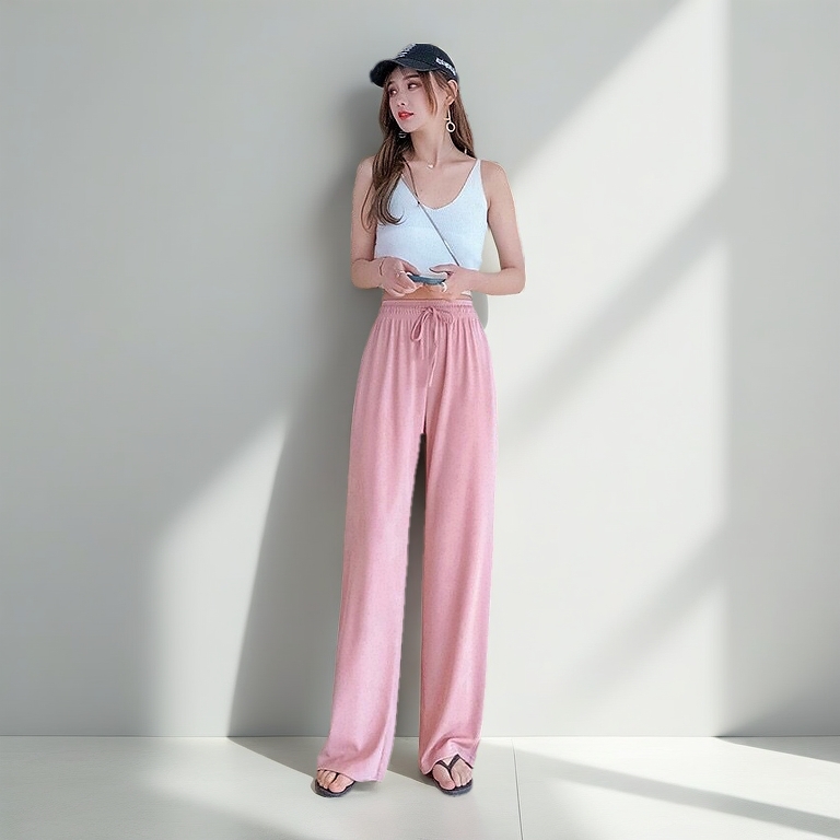 Women Ice Silk Fabric Wide leg pants high waist straight loose pants seluar perempuan 女阔脚裤