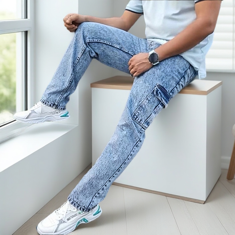 Seluar Jeans Lelaki Cargo 6 Pocket Acid Wash Cargo Jeans kain ( Non Stretchable ) straight Cut Seluar Cargo Jeans