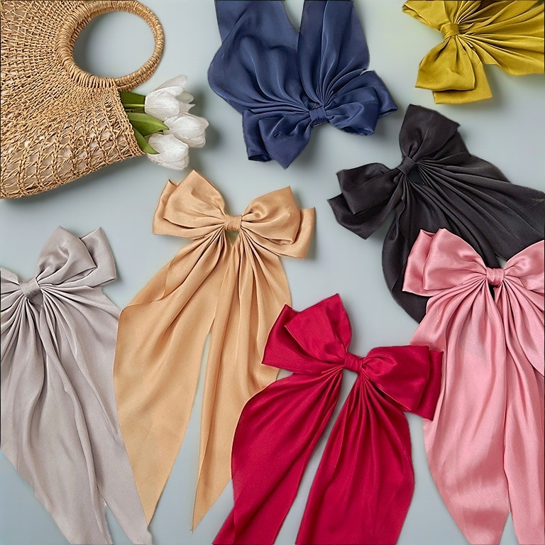 Large Korean Vintage Satin Bow Hair Clip Women Ponytail Streamer Spring Clip Fashion Hair Accessories