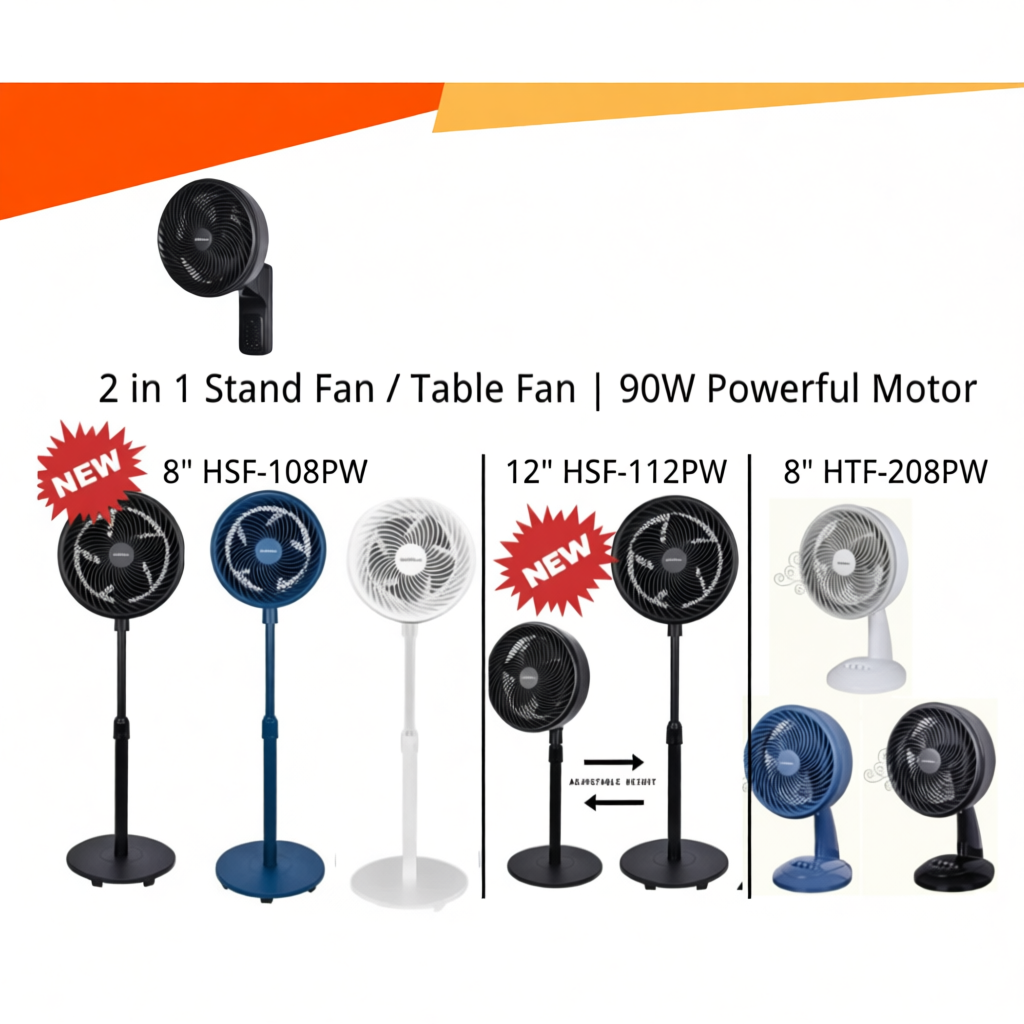 Homelux 2 in 1 Stand Fan/Table Fan/Living Fan/Kipas Stand/Kipas Meja | 90W Powerful Motor | HSF108PW/HTF208PW/HSF112PW
