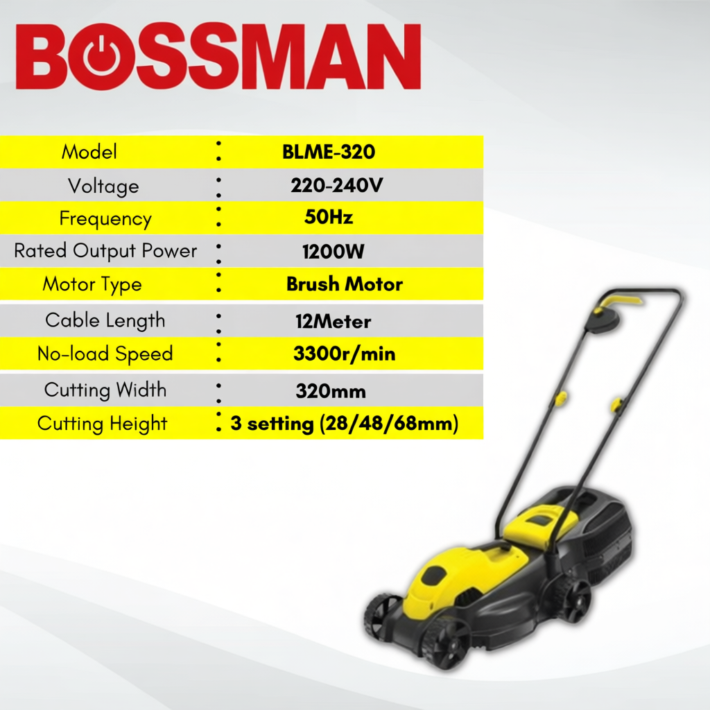 Bossman BLME-320 Electric Lawn Mower Hand Push Machine Mesin Rumput Tolak Potong Rumput 