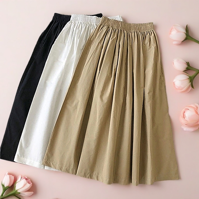 Cherryshop ? Ready Stock ? Long Pleated Skirts Women Ruffled Elastic High Waist Long To Ankle A-line Casual Skirt