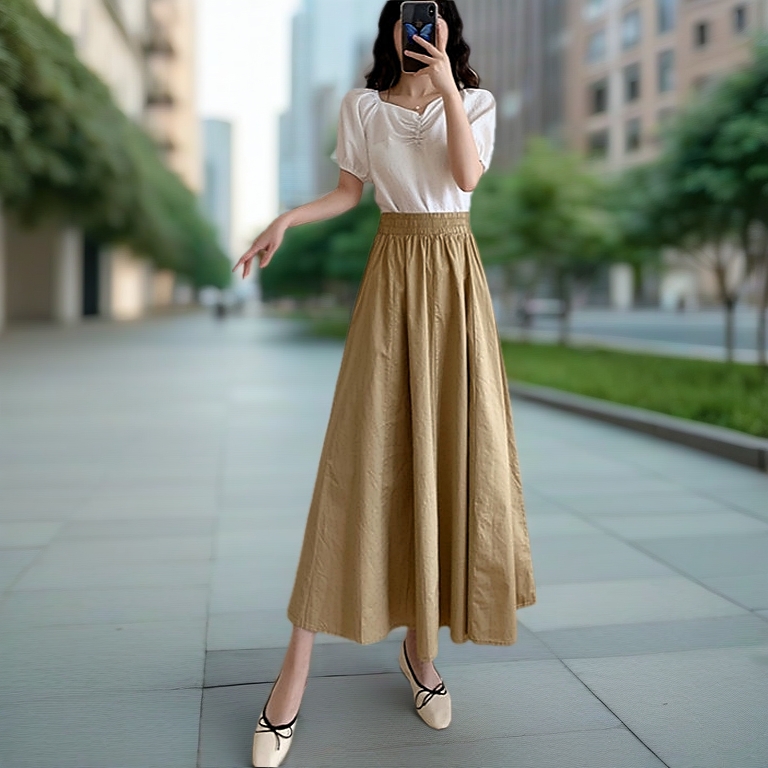 ✨【READY STOCK】Bella Mid-length high waist A-line pleated skirt japanese style casual skirt long to ankle