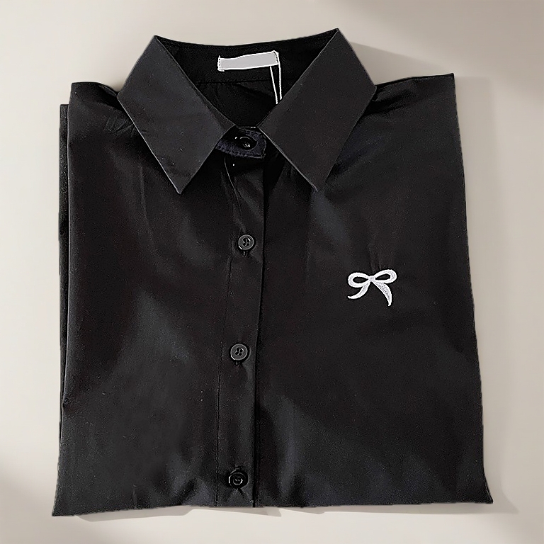 ✨【READY STOCK】Bella Women's Solid Color Korean Style Blouse With Butterfly Pattern Long Sleeve Fold-Over Collar Tops