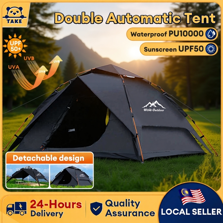 TAKE Khemah Camping Tent Waterproof 3/4 Person Outdoor Khemah Tidur Auto Tent Silver coating Anti-UV Pop Up Tent