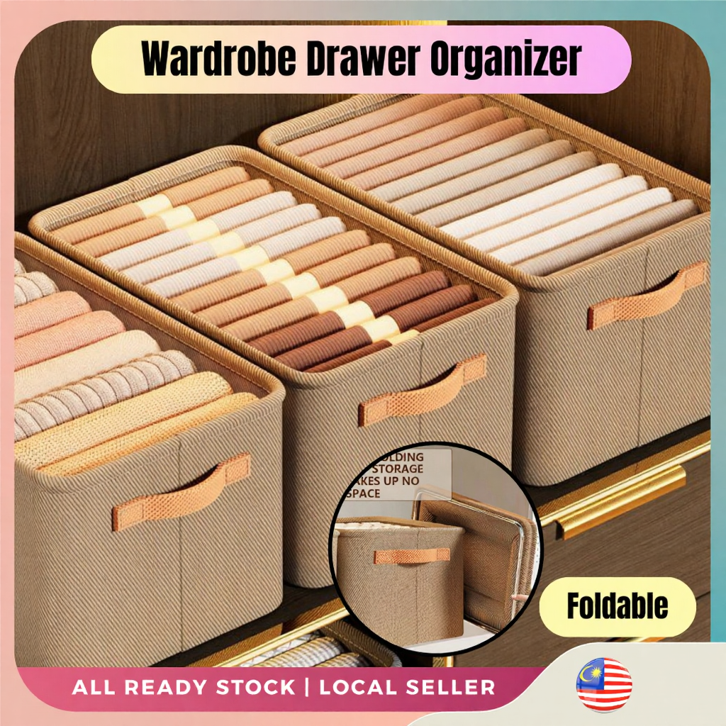 Foldable Clothes Storage Basket With Steel Frame Non-Woven Pants Storage Box Household Wardrobe Drawer Kotak Susun Baju