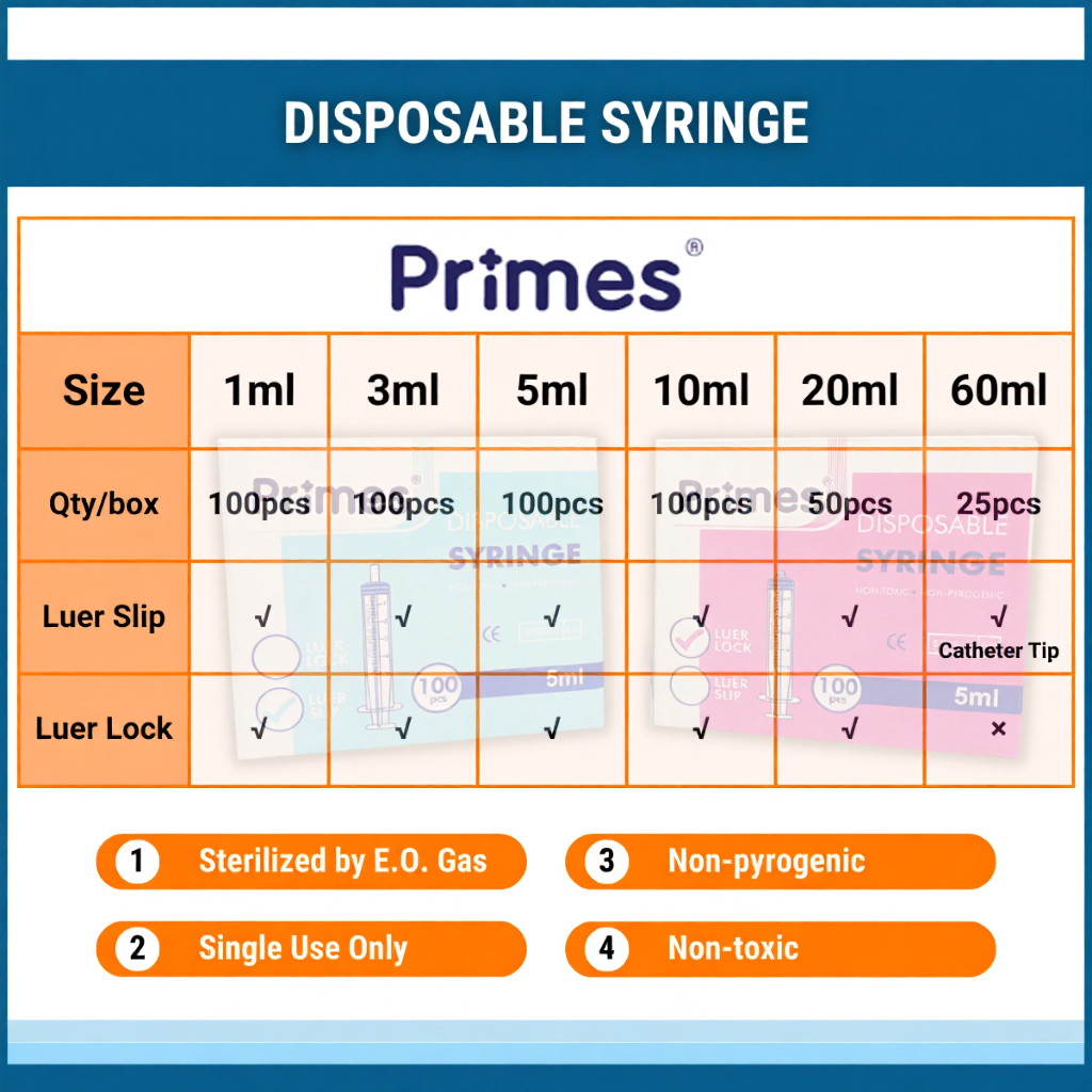 PRIMES Disposable Syringe (Sterile; Luer Slip/Luer Lock; 1ml/3ml/5ml/10ml/20ml/60ml) - 25-100's/box