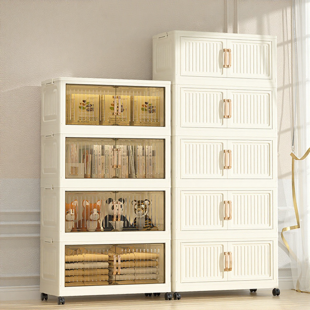 Foldable Storage Cabinet Stackable Box Almari Baju Double Magnetic Doors With Roller