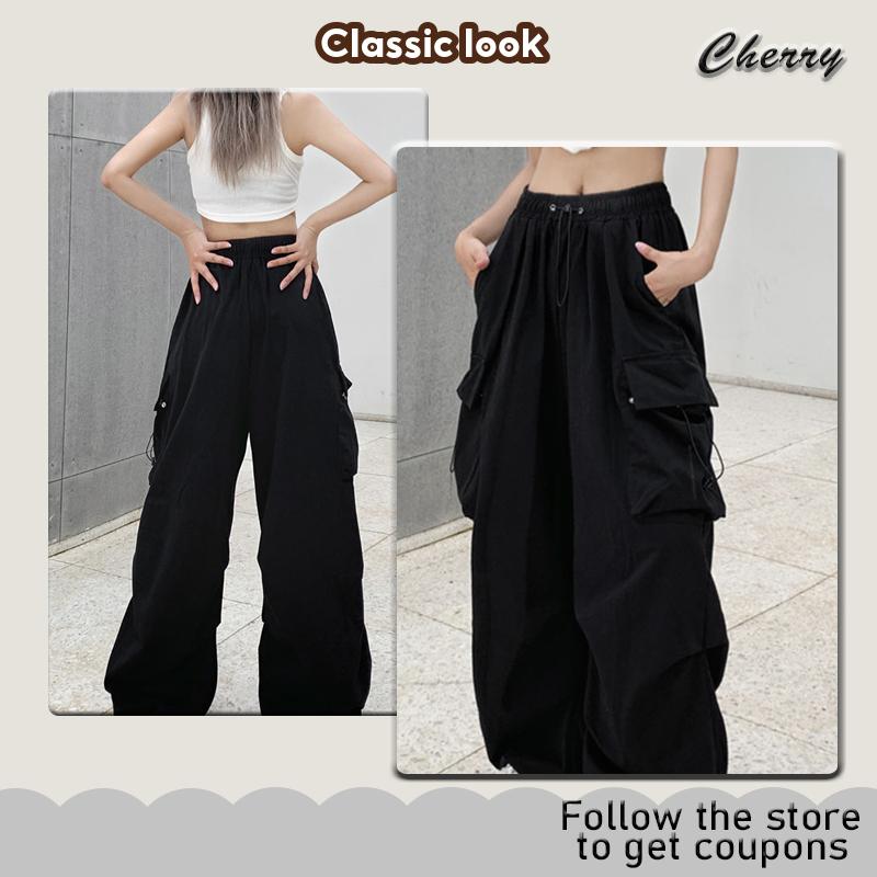 【READY STOCK】 CherryShop⭐Pants Women Cargo Pants Wide Leg Pants Drawstring Trousers Multi Pocket Classic