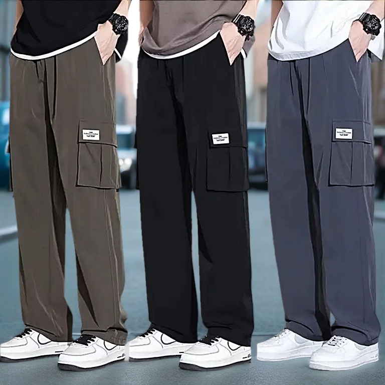 Men's Ice Silk Cargo Pants Long Loose Fit Drawstring Comfortable Multi-Pocket Trousers Seluar Kargo Lelaki Outdoor Hiking Streetwear Fashion