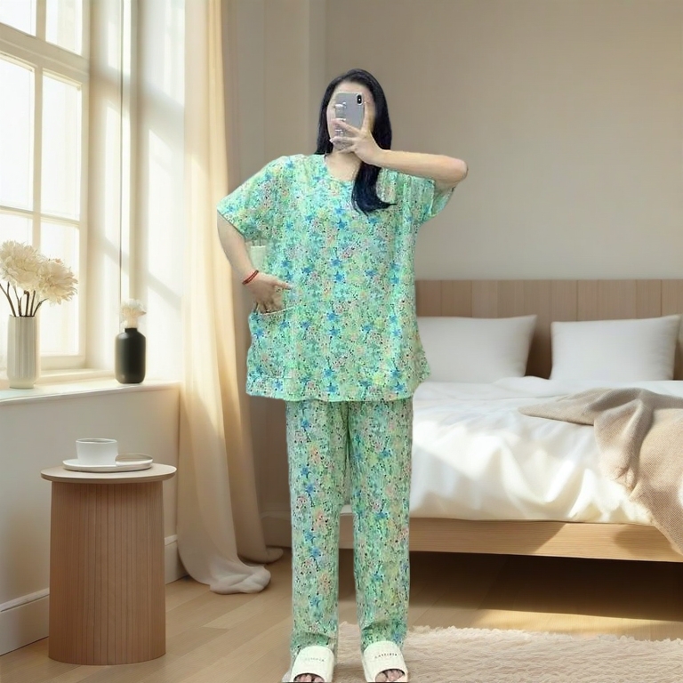 Set Piyama Wanita Dolly Saiz Besar 6XL Lengan Pendek & Seluar Panjang Viral Cotton Polyester Memeri Kain Lembut Best Sel
