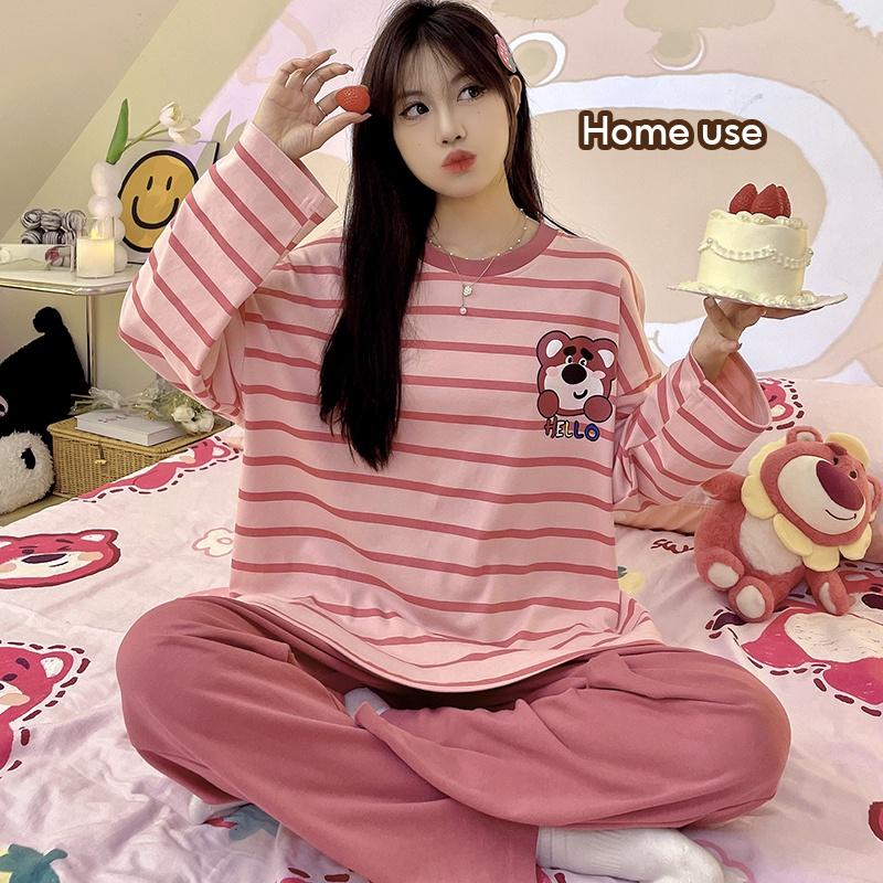 M-5XL Plus Size Pyjamas Women Long Sleeve Sleepwear Woman Cartoon Pijamas Soft Bear Baju Tidur Perempuan