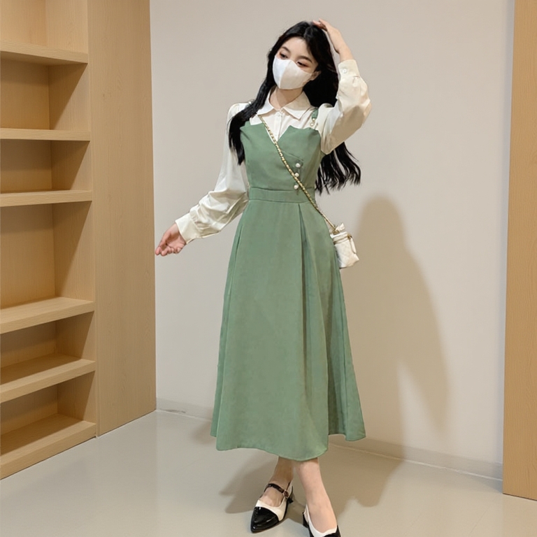 French Style Two-Piece Dress with Narrow Waist Design for a Slimming Look