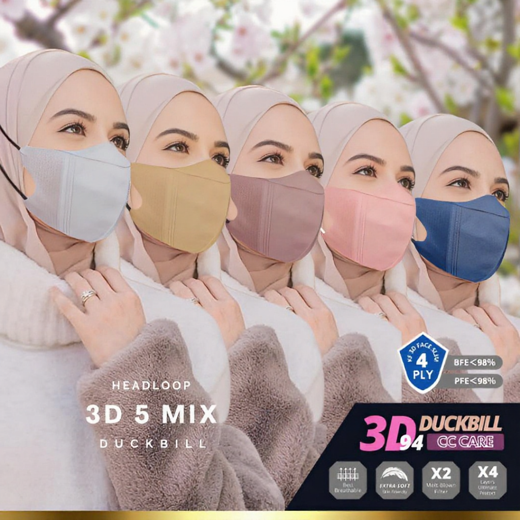 Hijab Face Mask 3D Duckbill Headloop Ear loop 50pcs 4Ply 5Ply KN95 BFE98 Hijab KF94 Monogram Floral Adult Face Mask