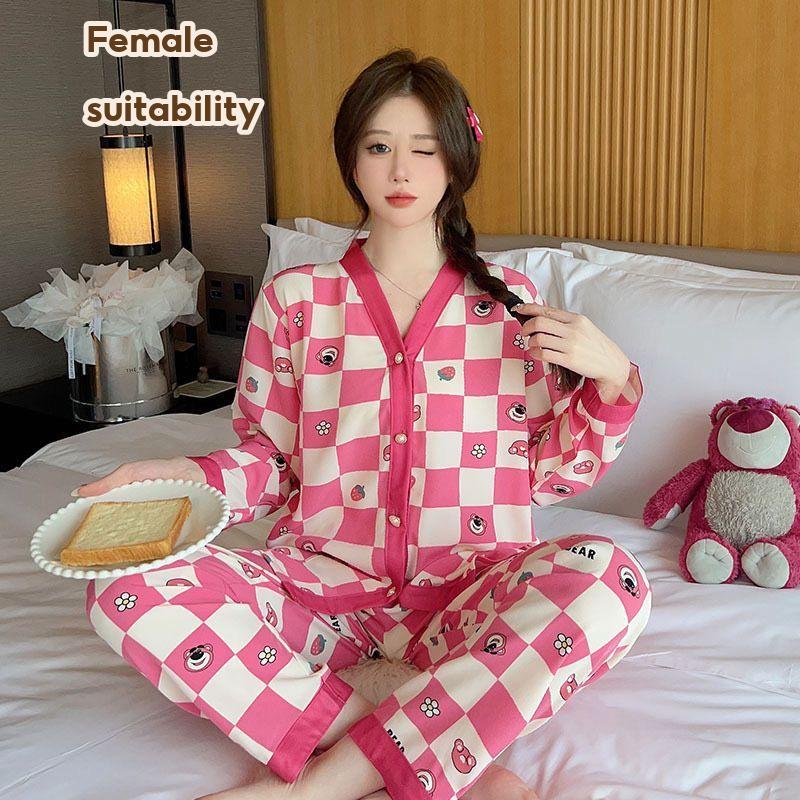 2 in 1 Set Korean Design Pyjamas Women Long Sleeve Silk Sleepwear Pajamas Baju Tidur Perempuan Wanita Pakaian Malam