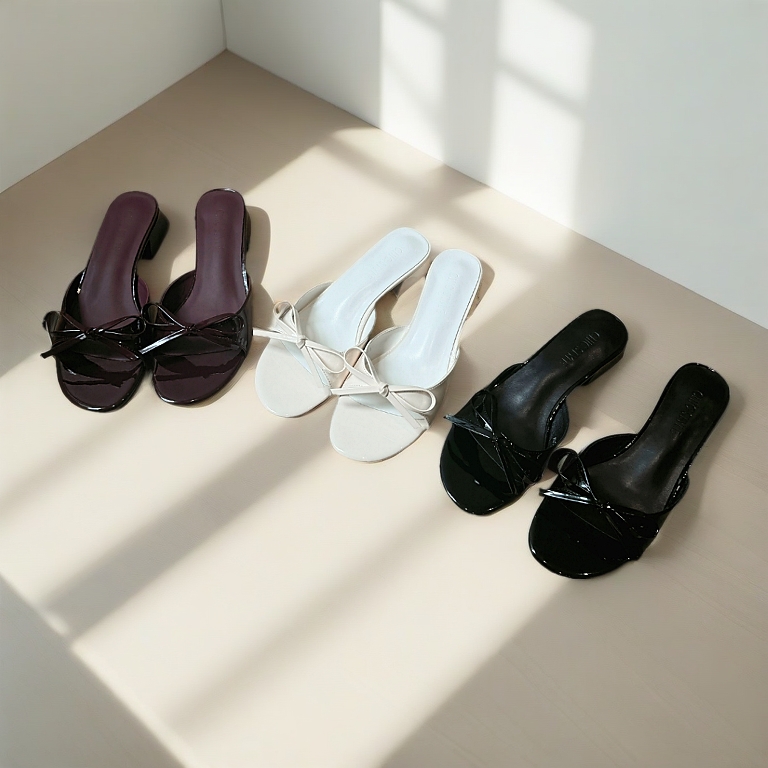 CHIC STYLE Chelsey Sweet Bow Slide Sandals | Casual Slip On Patent Leather Heels | Kasut Perempuan | Size 35 - 39