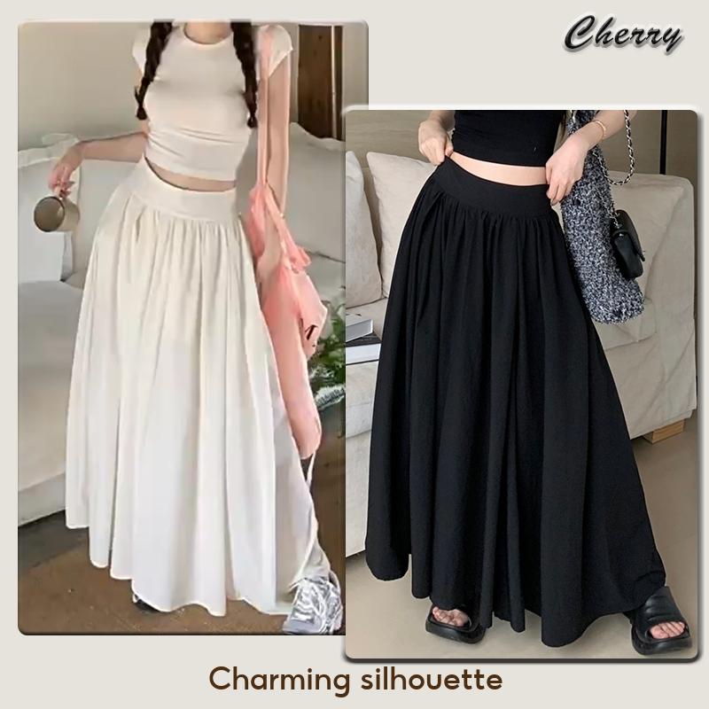【READY STOCK】 CherryShop⭐Women's skirt loose and comfortable white pleated skirt black plain skirt