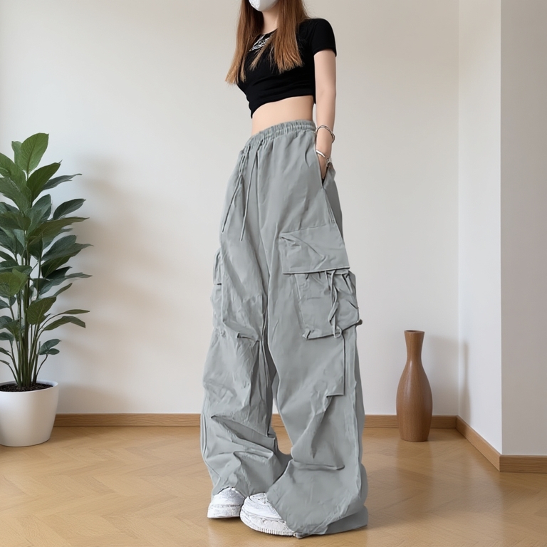 14Colors Ready StockWomen korean street cargo pants seluar perempuan korean street wide tube drawstring Dance