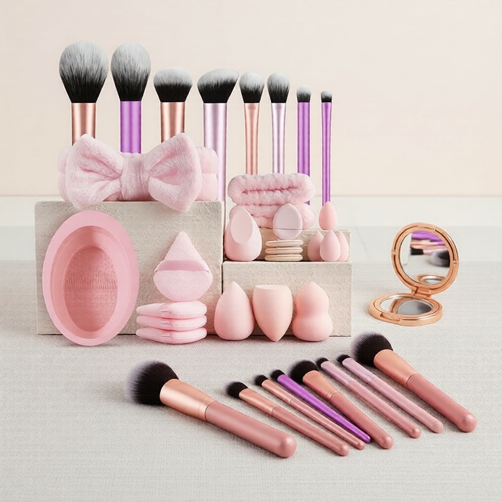 Makeup essentials kit 28 pcs: 8 pro brushes, wash bowl, puff, sponge egg Kit asas solek…