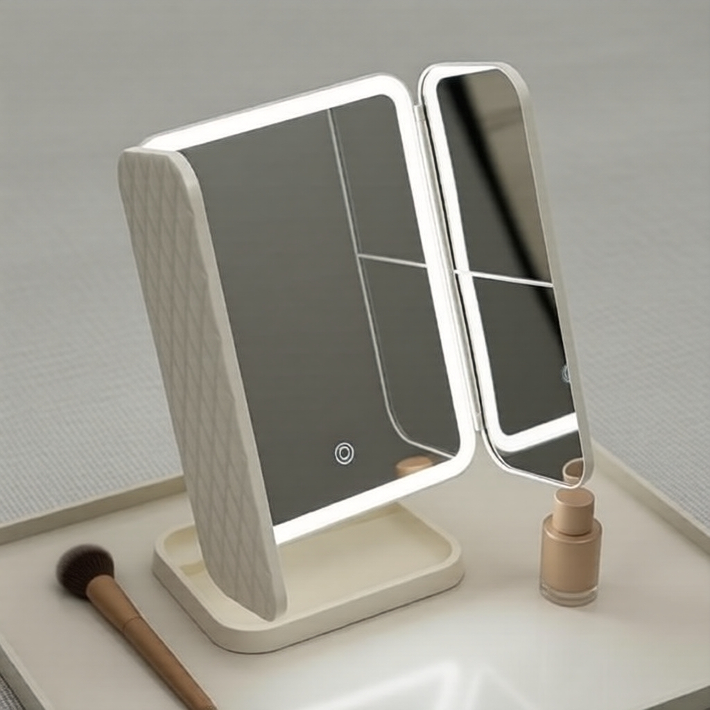 Compact LED Folding Mirror, 3 light settings, 1x/2x/3x magnification, 90° swivel, removable base Cermin LED Lipat Padat, 3 Tetapan Cahaya, Pembesaran 1X/2X/3X, Putar 90°, Tapak Boleh Tanggal