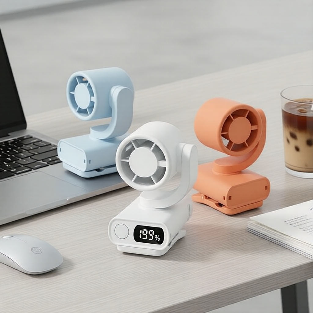Mini USB Clip Fan with LED Battery Indicator, 4-Blade Airflow, 360° Swivel, Ultra-Quiet for Desk & Stroller Kipas Klip Mini USB Dengan Penunjuk LED Bateri, 4-Bilah Aliran Udara, Putaran 360°, Ultra Senyap Untuk Meja & Stroller