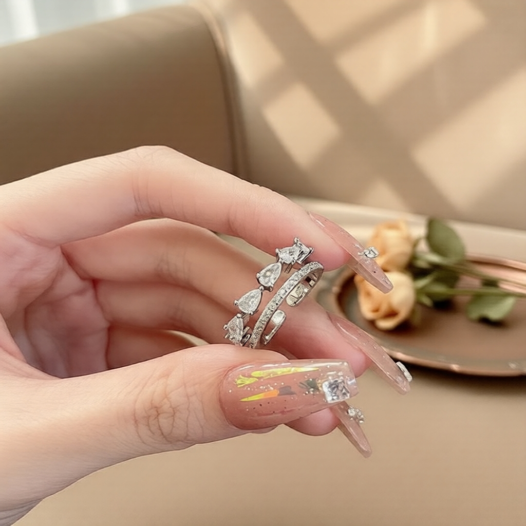 Chic Double-Row Zircon Ring - Full Rhinestone Open Adjustable Band, Modern Statement Jewelry for Women Cincin Zirkon Berganda Bergaya - Jalur Terbuka Penuh Batu Rhinestone Boleh Laras, Perhiasan Kenyataan Moden untuk Wanita