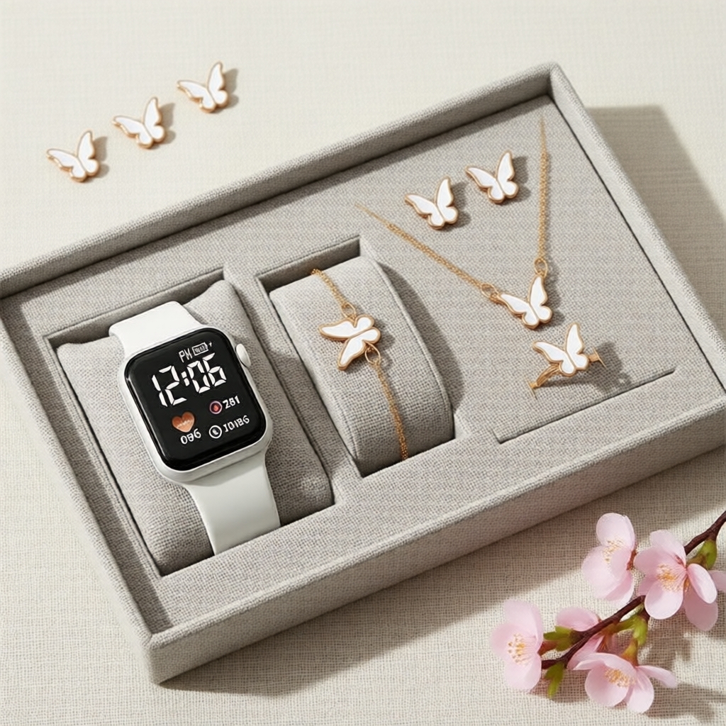 Girls' 6pc Gift Set: Heart LED Sports Watch, Butterfly Jewelry & Silicone Square Dial Watch Set Hadiah 6pcs Gadis: Jam Tangan Sukan LED Hati, Barang Kemas Rama-Rama & Jam Tangan Dail Segi Empat Silikon