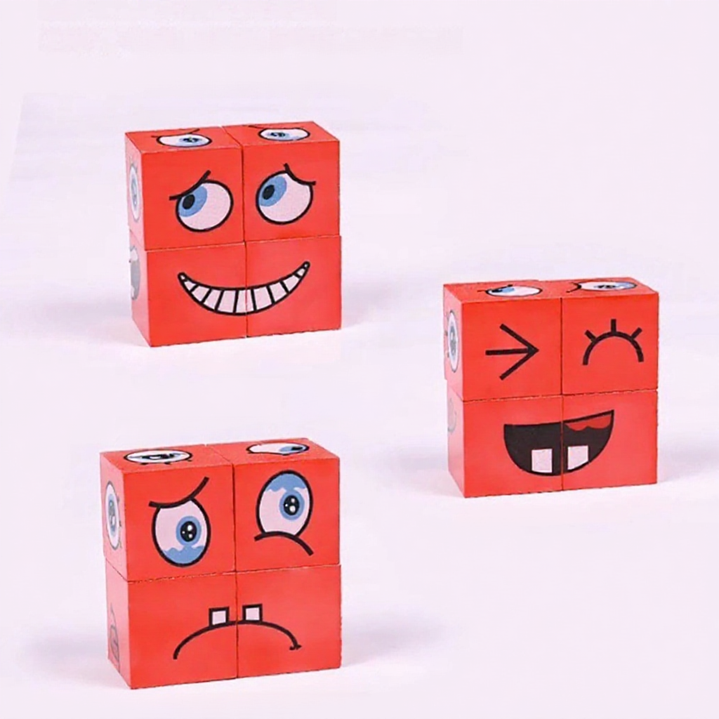 GEESO 80Pcs Cube Face Changing Building Blocks Board Game Expression Wooden Puzzle Blocks Educational Toys For Kids Gift 变脸魔方积木