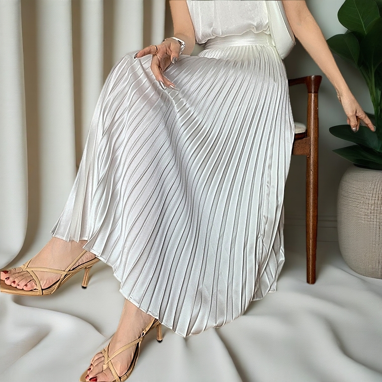 Pleated Skirt Plain High Waist Satin Skirt A-Line for Women Elegant Long Skirt！Malaysia Stock！