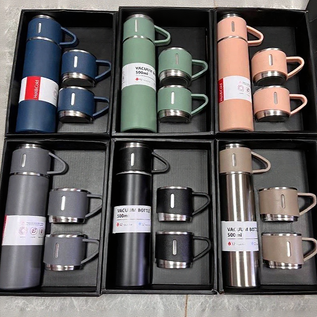 Gift Box Set 500ml Vacuum Flask Set 304 Stainless Steel Thermos Water Bottle Cup Cawan Termos Air Panas Hadiah