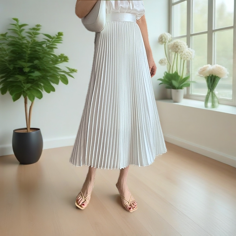 Malaysia Stock！！Pleated Skirt  Plain High Waist Satin Skirt A-Line Elegant Silk Long Skirt