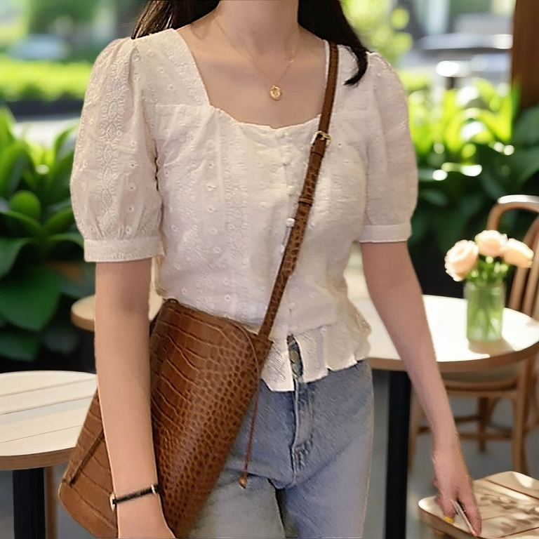 Chic Embroidery Ruffled Short-Sleeved White Blouse Top 34618