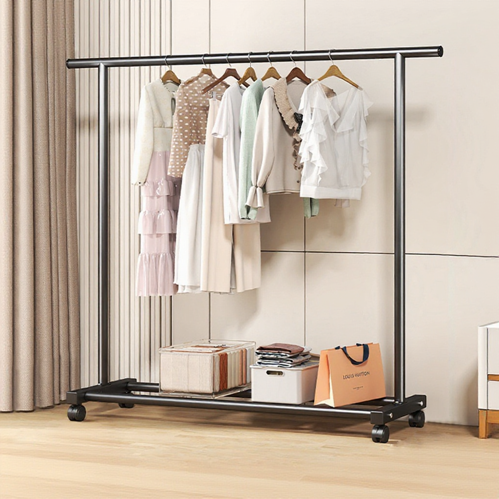 Single Pole Steel Balcony Cloth Hanger And Organizer Rack Wheel Penyangkut Baju Rack Baju