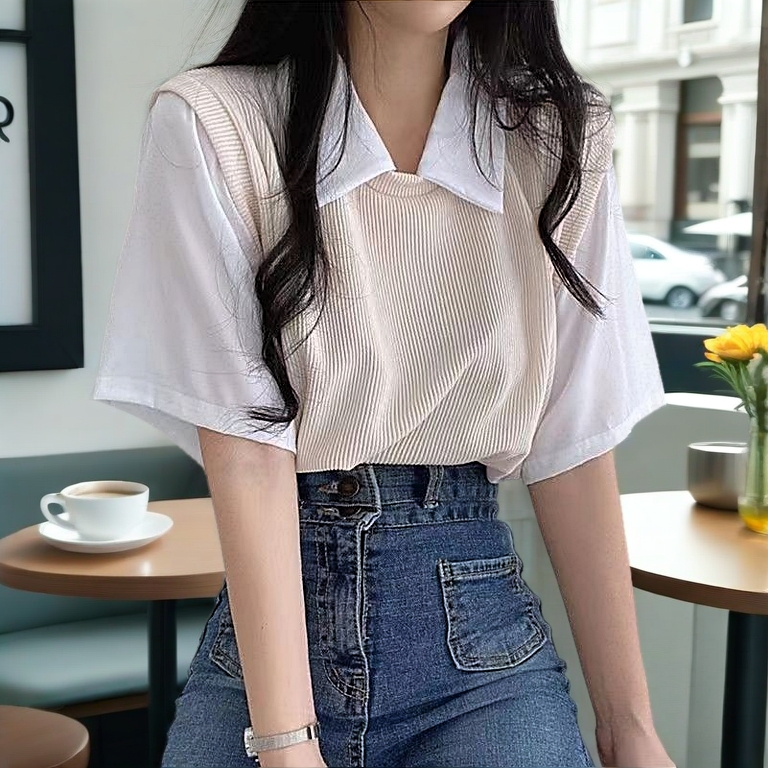 【Felynn.My】Polo shirt fake two-piece 46 college style color matching short-sleeved T-shirt women's loose casual top