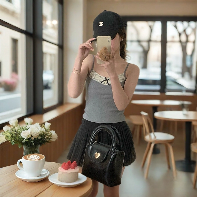 【Ready Stock】Lace bow camisole with breast pads for sweet girls sexy bottoming tops for women