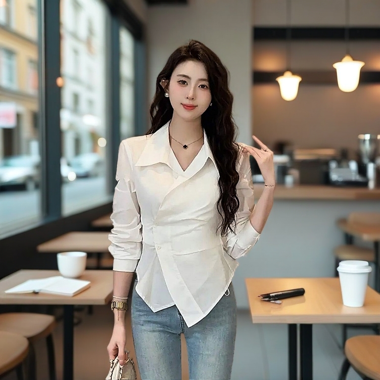 Sari Chic Blue Striped Long-Sleeved Shirt, Slim Fit, Irregular Length, Korean Style Women V-Neck Blouses Top W402