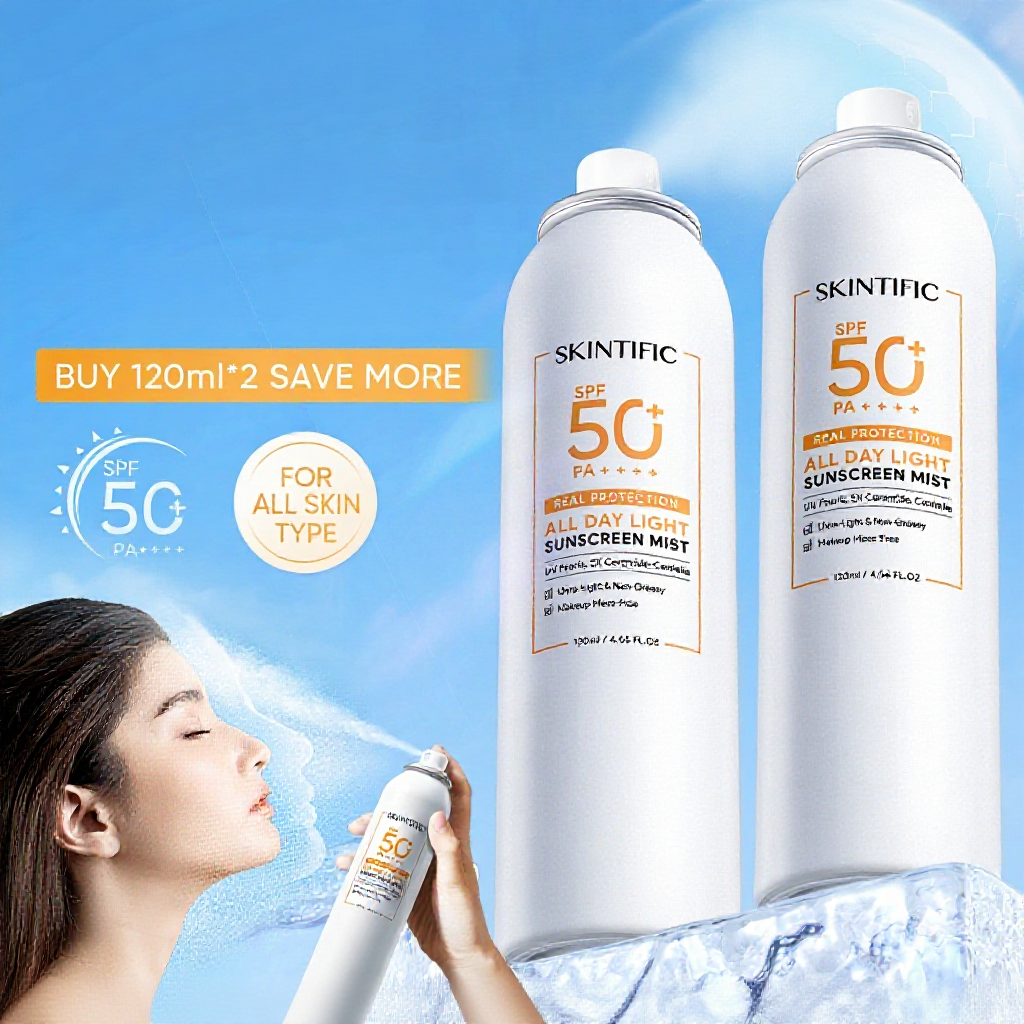 SKINTIFIC All Day Light Sunscreen Mist SPF50+ PA++++ Double Antioxidant Sunscreen Spray Physical UV Protection Centella
