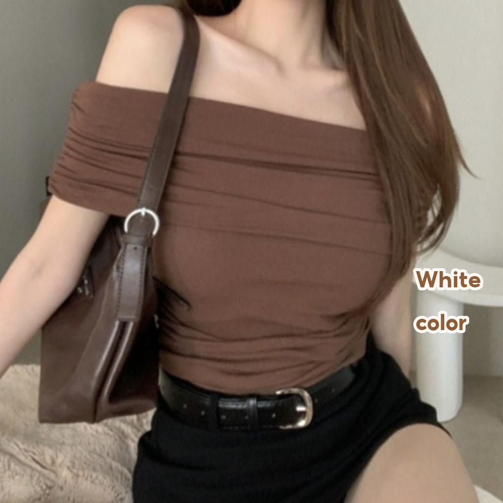 【READY STOCK AT Johor】 Hotgirl⭐White sexy one shoulder short sleeve T-shirt for women Slim fit cropped top