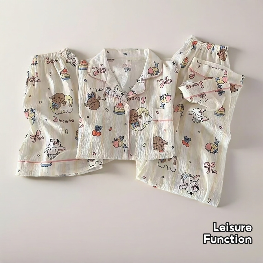 Ready stock High end cloud cotton series  Cotton Pajamas Women Summer Short sleeved top, shorts, long pants 3-piece set